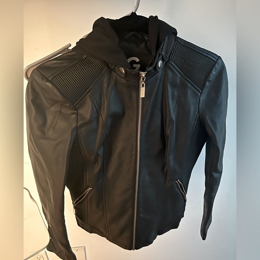 Guess Black Leather Jacket with Hood - Small